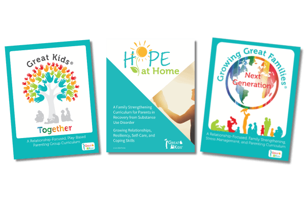 Three family strengthening curriculum manuals in the deluxe package, including Growing Great Families Next Generation, Great Kids Together, and Hope at Home
